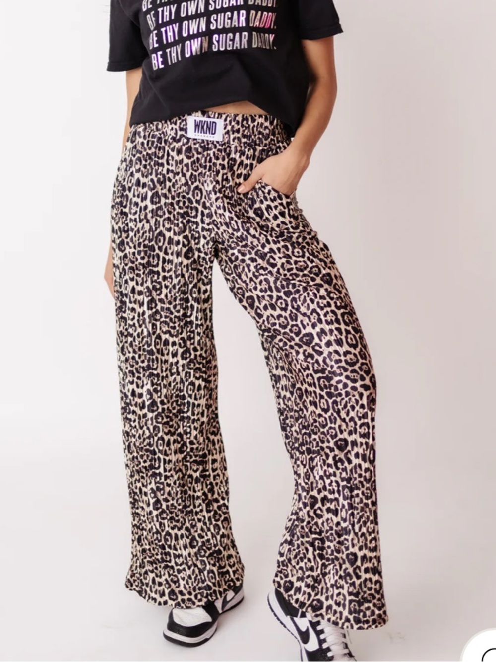 WKND Leopard Print Wide-Leg Pants in Beige and Black